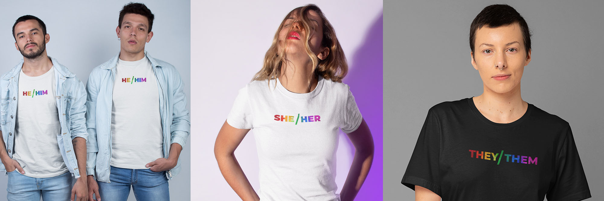 Four people wearing t-shirts with gender fluid language, on a gray background.
