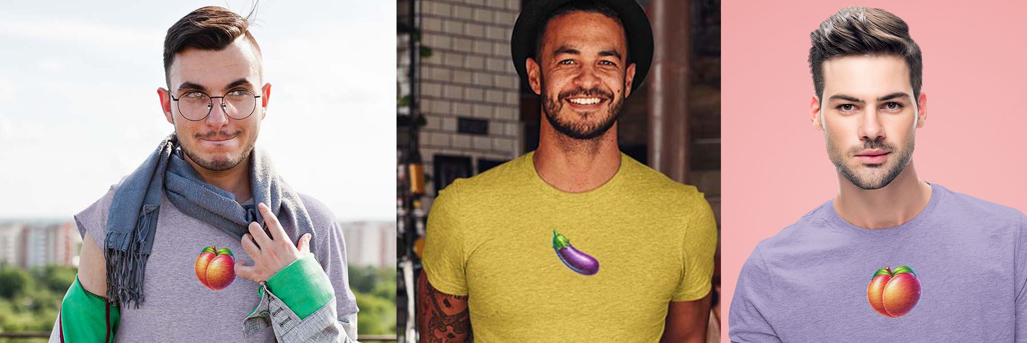 Three men wearing t-shirts with fruit emojis on a colorful background