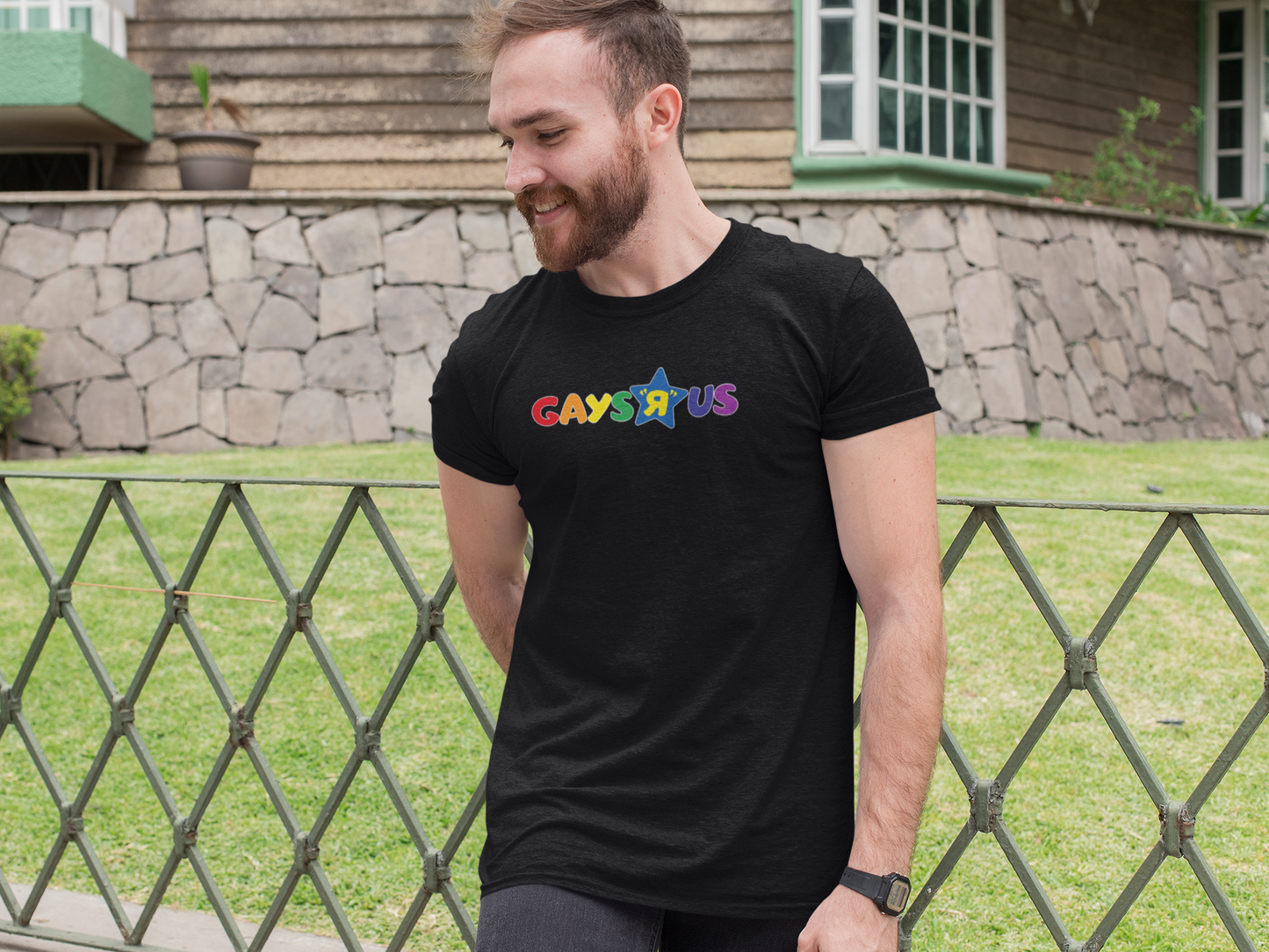 Gays R Us Rainbow Logo Shirt - Retro Toy-Inspired Queer Camp Graphic Tee for LGBTQ Pride