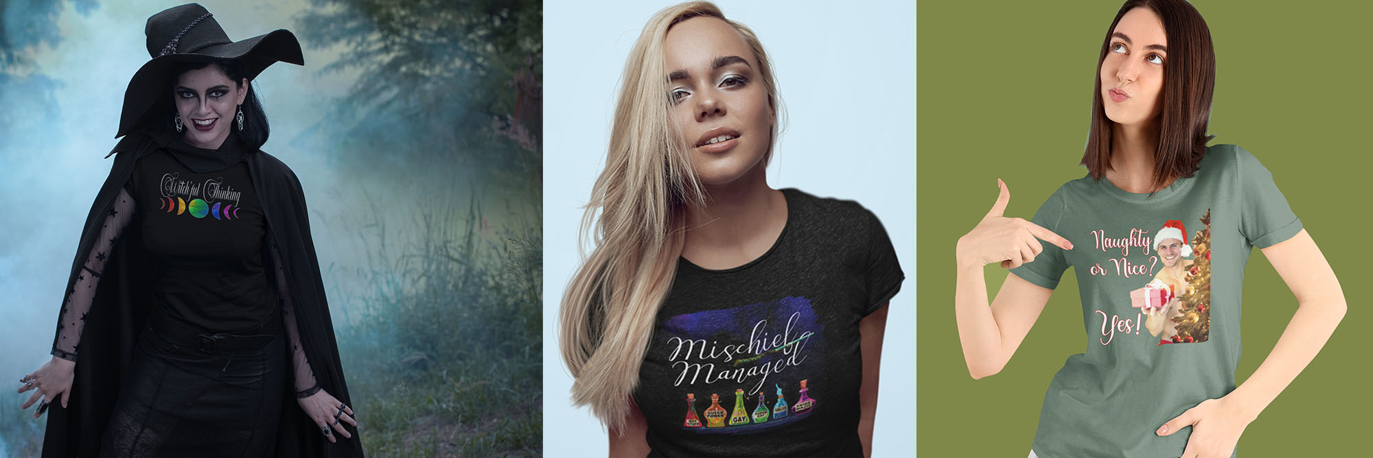 Three people wearing t-shirts with holiday colorful designs from pride majic