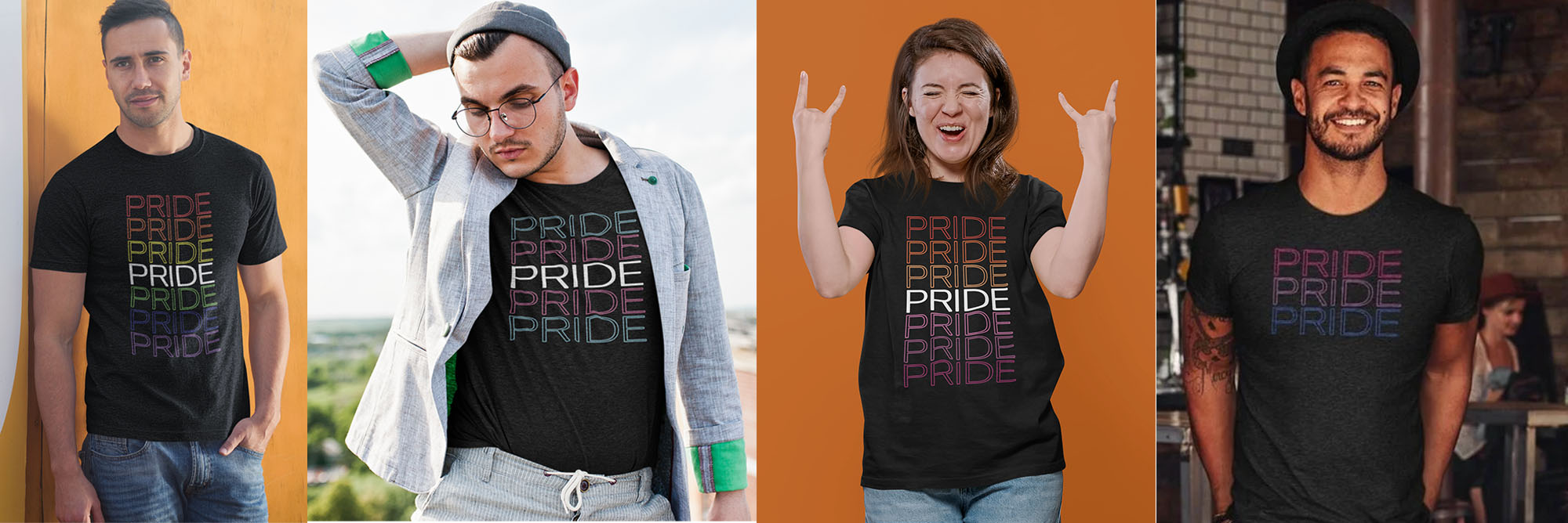 Four people wearing black t-shirts with 'PRIDE' text in different colors on an orange background.