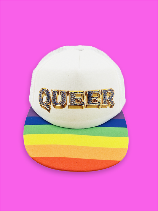 Queer Bling Rainbow Trucker Hat – Rainbow Bill, Bling Pride Cap, LGBTQ+ Snapback Adjustable