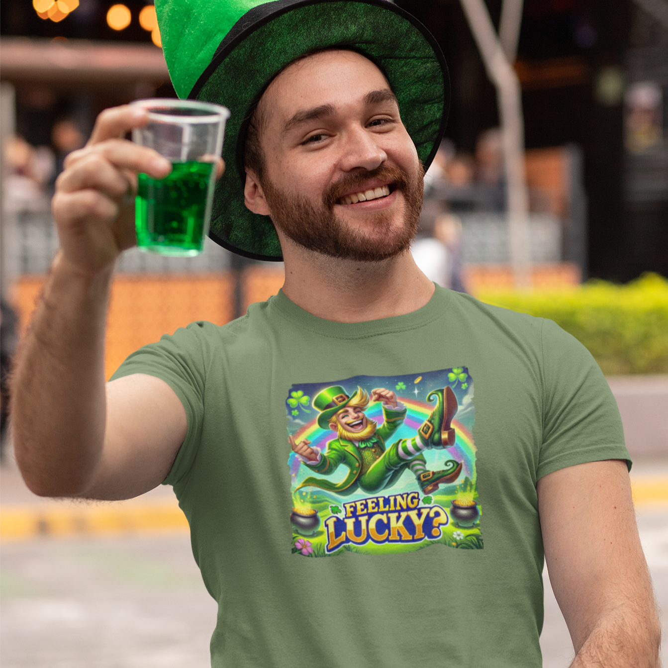 Man wearing a green shirt with a 'Feeling Lucky?' graphic, holding a glass of green liquid, sitting outdoors.