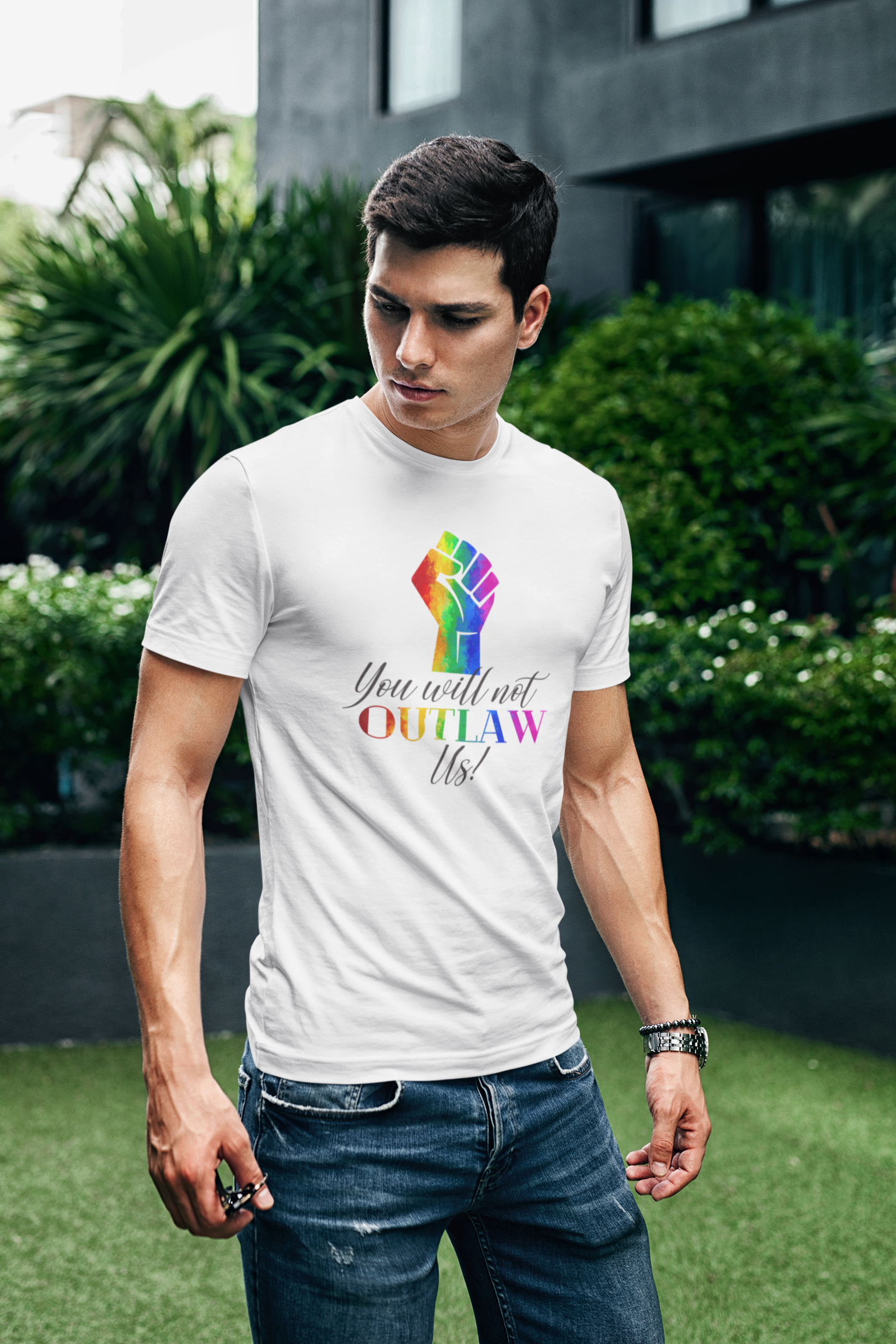 You Will Not OUTLAW Us! Rainbow Fist Pride T-Shirt – Stand Up, Stand Proud