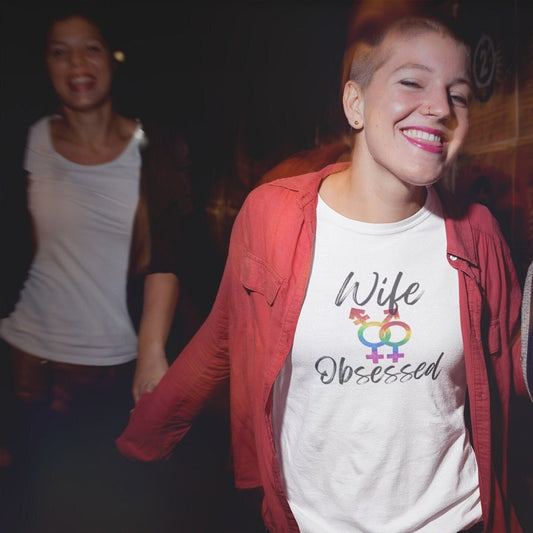 Wife Obsessed Pride Tee. Featuring the non-binary female gender symbol