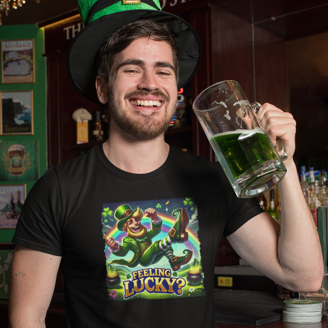 Man in a bar wearing a green leprechaun hat and 'Feelin' Lucky?' t-shirt, holding a mug of green beer.