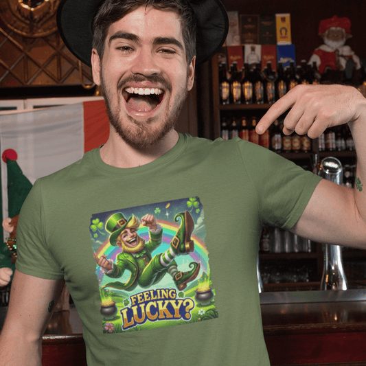 Man wearing a green t-shirt with a leprechaun graphic design with phrase feeling lucky , standing in a bar.