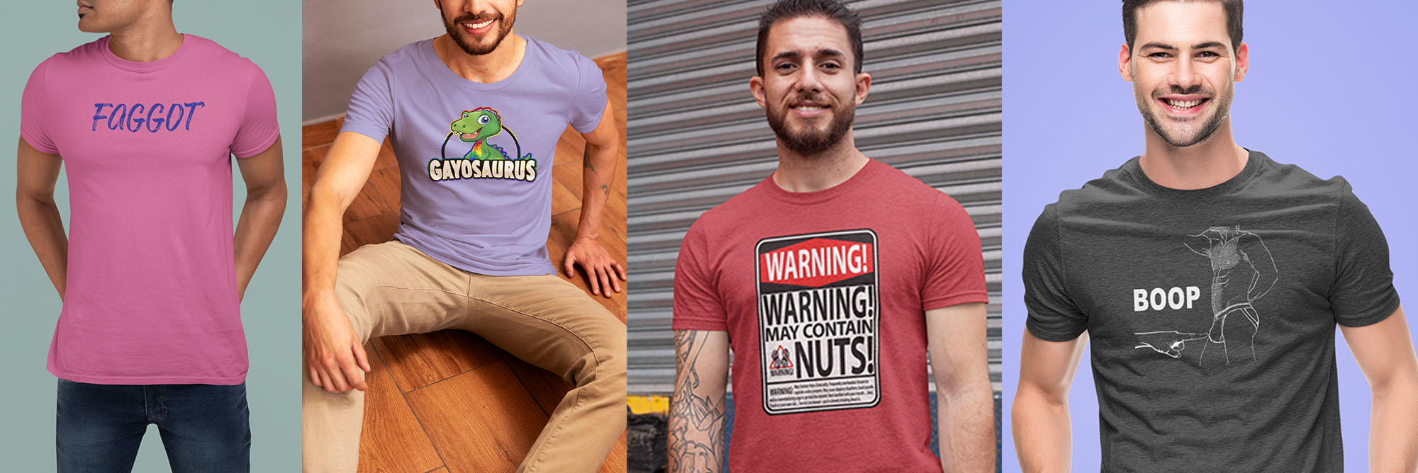 Five people wearing different t-shirts with various designs and text.