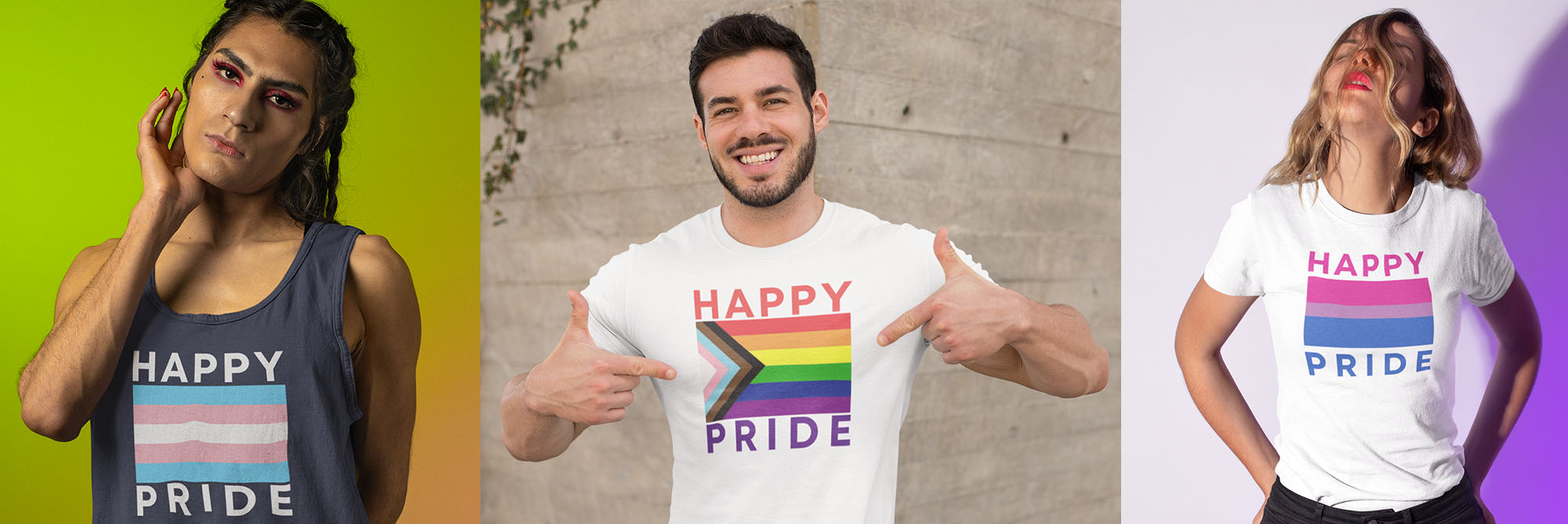 Three people wearing Pride majic t-shirts with 'Happy Pride' and rainbow designs on a colorful background.