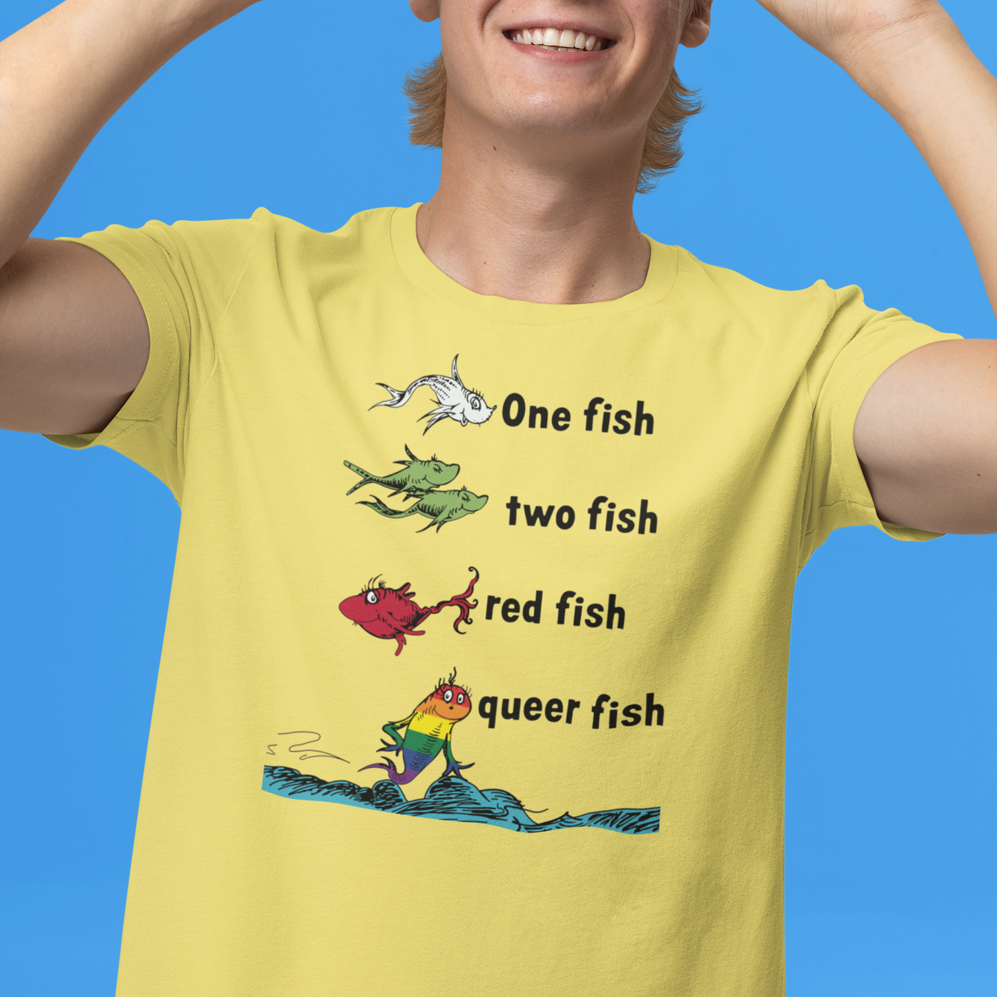 Queer Fish Dr suess inspired Tee - One Fish, Two Fish, Red Fish, Queer Fish Design - Pride Majic