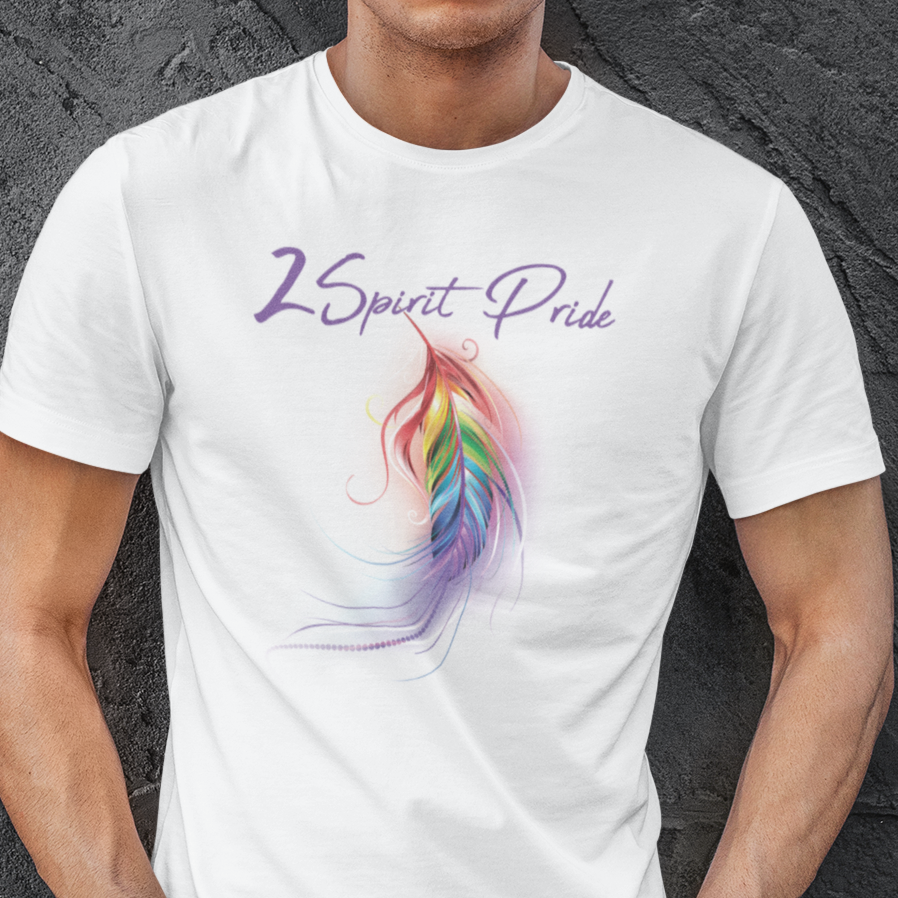 Man wearing a white t-shirt with a colorful feather design and text of 2 spirit pride against a textured gray background