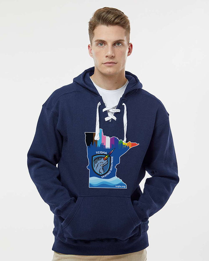 Man wearing a navy blue hoodie with a TCQWHA design on a white background made my pride majic print on demand 