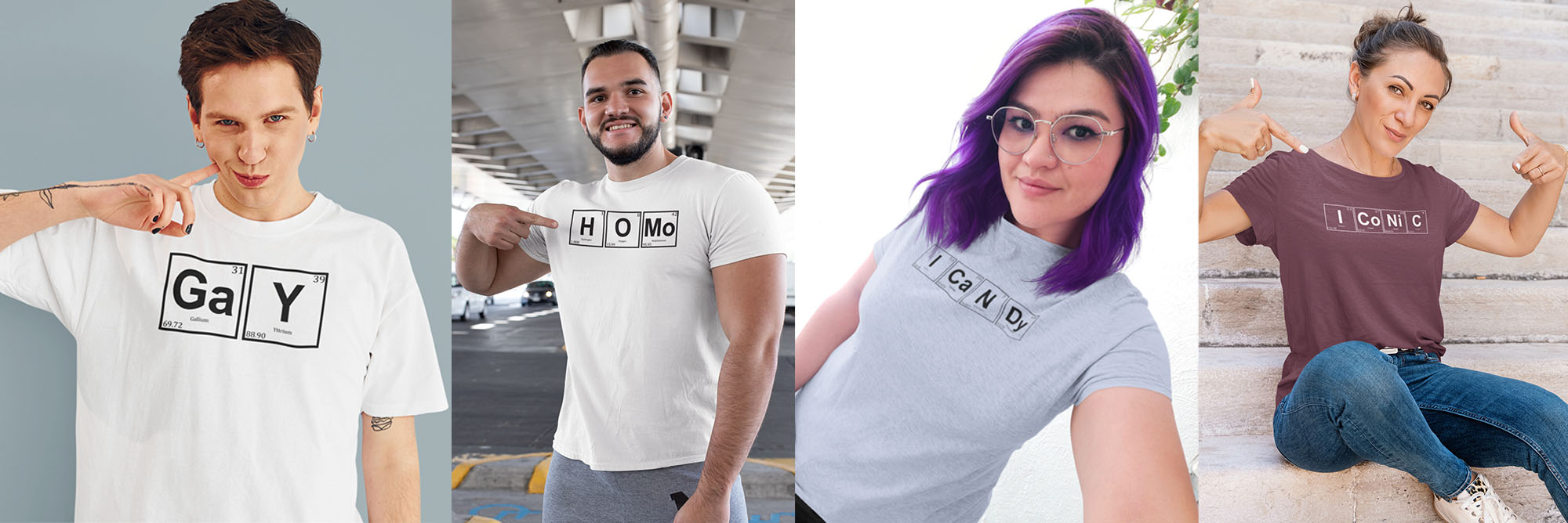 Four people wearing t-shirts with Elemental Periodic Table text designs.