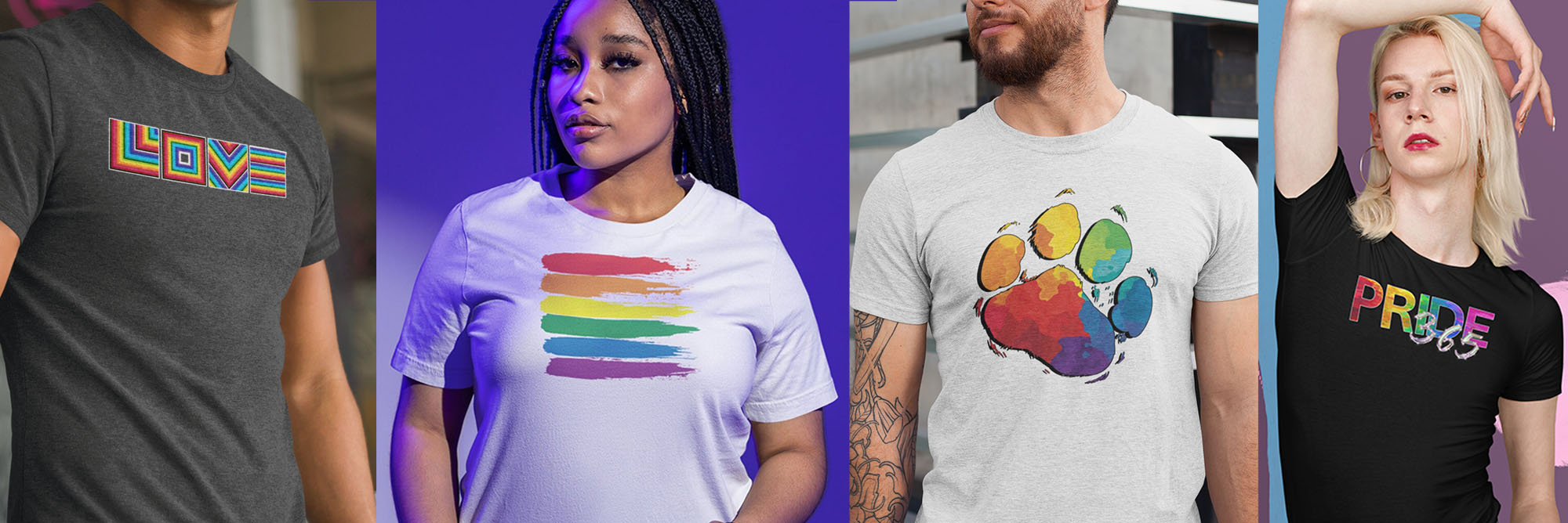 People wearing t-shirts with Pride-themed designs on a colorful background