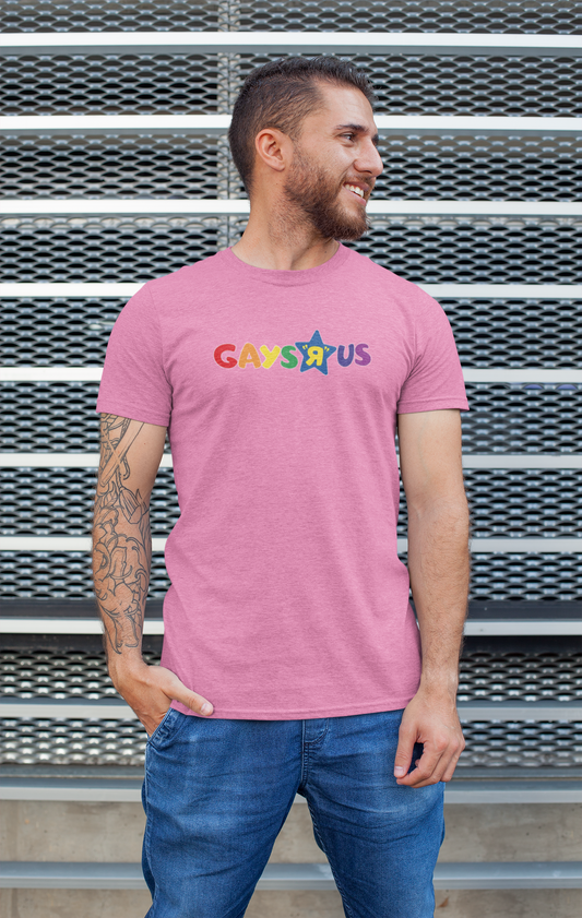Gays R Us Rainbow Logo Shirt - Retro Toy-Inspired Queer Camp Graphic Tee for LGBTQ Pride