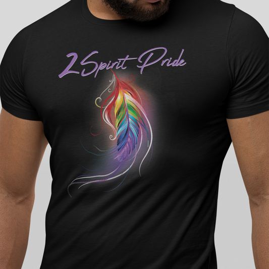 Black t-shirt with '2Spirit Pride' design featuring a rainbow feather on a gray background
