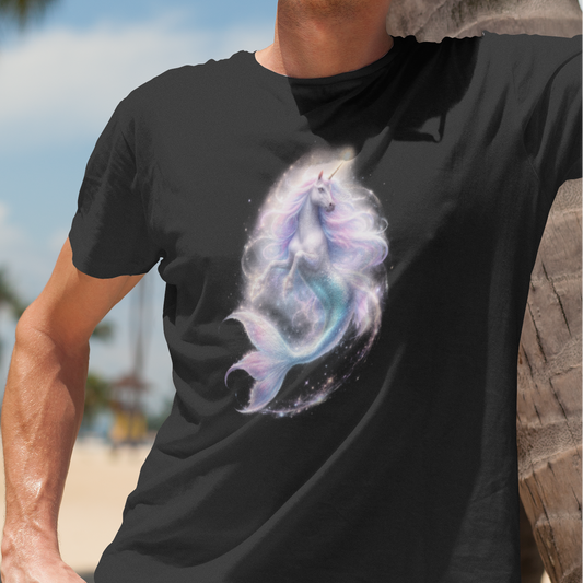 A man wearing a black crewneck t-shirt with a large, colorful graphic of a unicorn mermaid in a galaxy-like swirl, set against a beach background with palm trees.