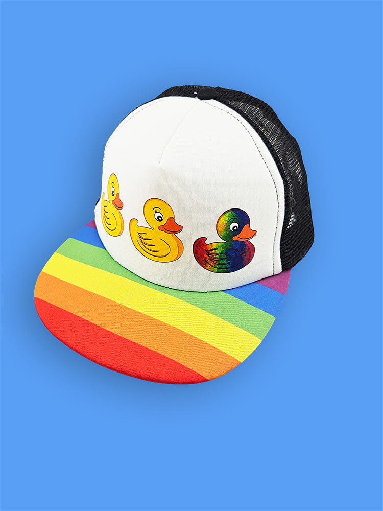 Duck Duck Gay Duck Trucker Hat – Rainbow Bill, LGBTQ+ Pride Foam Cap, Adjustable Snapback