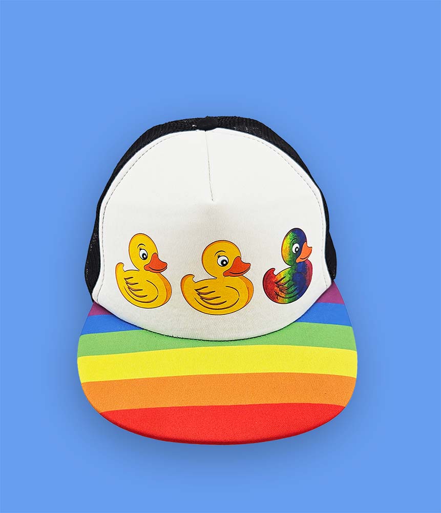 Duck Duck Gay Duck Trucker Hat – Rainbow Bill, LGBTQ+ Pride Foam Cap, Adjustable Snapback