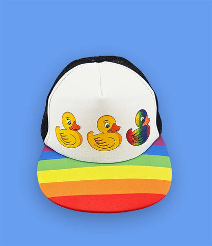 Duck Duck Gay Duck Trucker Hat – Rainbow Bill, LGBTQ+ Pride Foam Cap, Adjustable Snapback