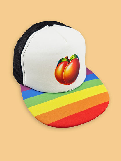 Peach Emoji Trucker Hat – Rainbow Bill, LGBTQ+ Pride Cap, Playful Adjustable Snapback