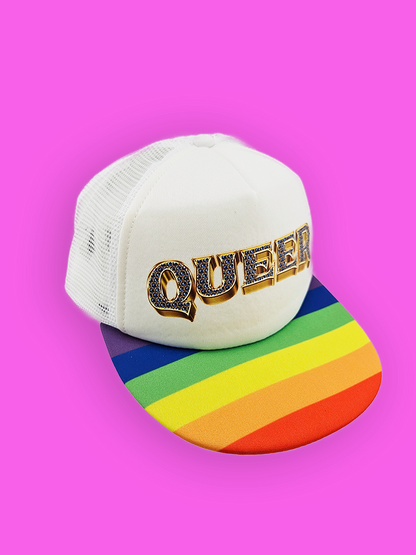 Queer Bling Rainbow Trucker Hat – Rainbow Bill, Bling Pride Cap, LGBTQ+ Snapback Adjustable