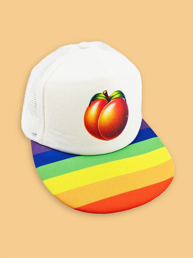 Peach Emoji Trucker Hat – Rainbow Bill, LGBTQ+ Pride Cap, Playful Adjustable Snapback