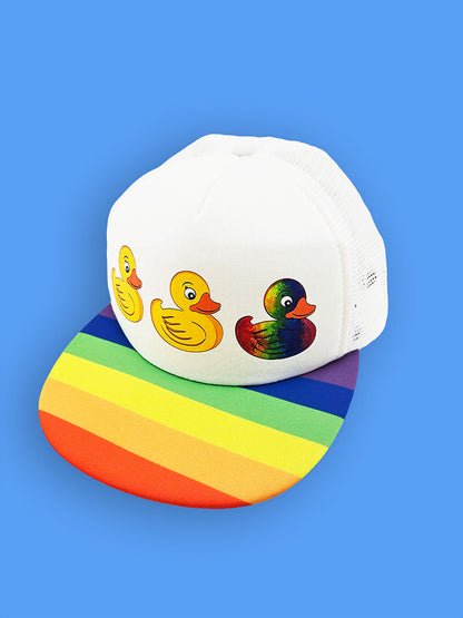 Duck Duck Gay Duck Trucker Hat – Rainbow Bill, LGBTQ+ Pride Foam Cap, Adjustable Snapback