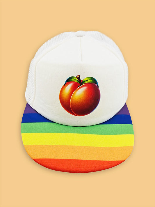 Peach Emoji Trucker Hat – Rainbow Bill, LGBTQ+ Pride Cap, Playful Adjustable Snapback