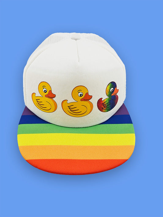 Duck Duck Gay Duck Trucker Hat – Rainbow Bill, LGBTQ+ Pride Foam Cap, Adjustable Snapback