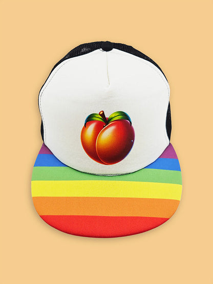 Peach Emoji Trucker Hat – Rainbow Bill, LGBTQ+ Pride Cap, Playful Adjustable Snapback