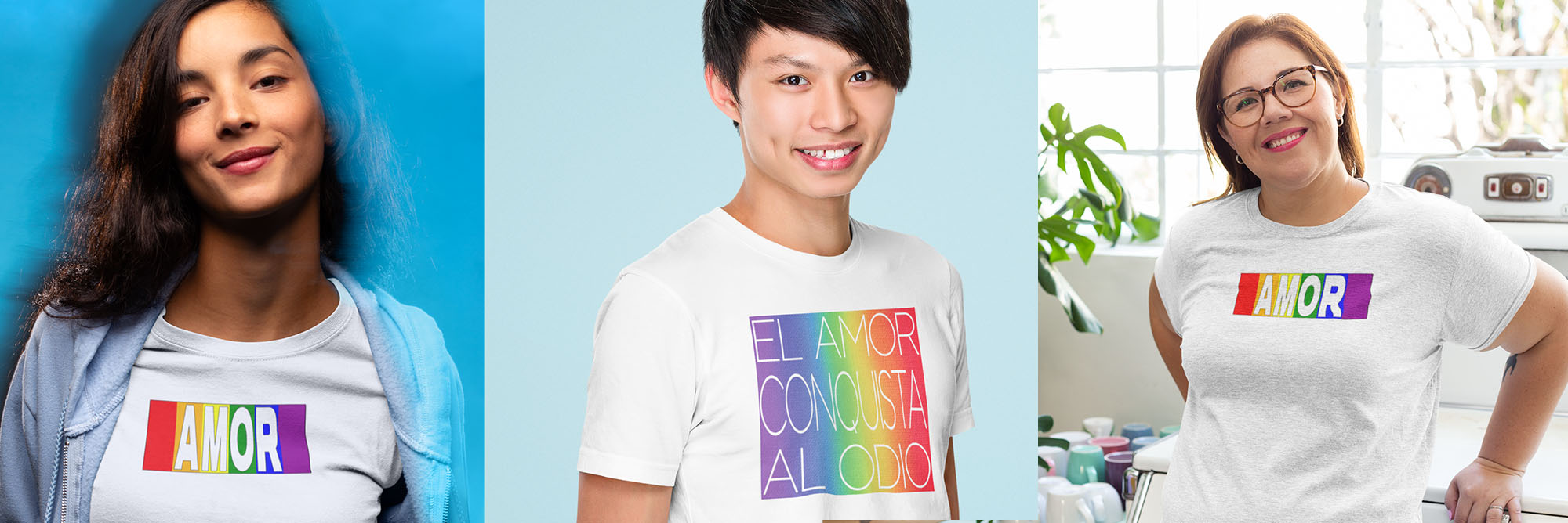 Three people wearing t-shirts with 'AMOR' printed on them against different backgrounds.